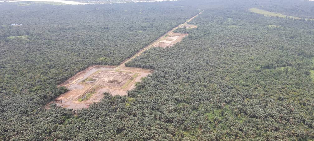 Aerial view of a pipeline right-of-way corridor cleared through dense Niger Delta forest by Real Accord